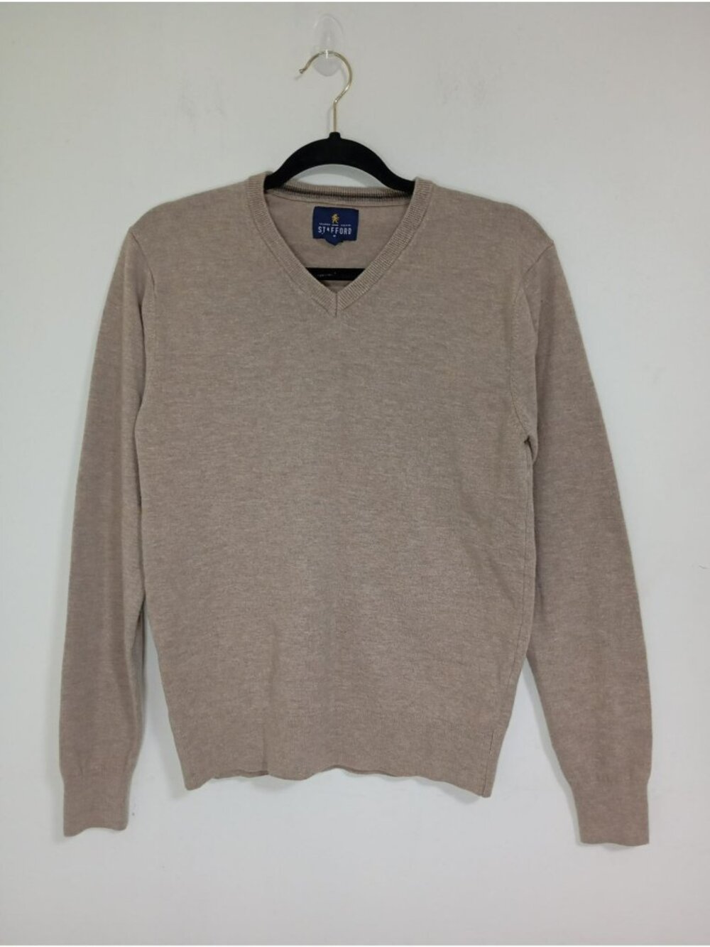 Stafford Men's Tan V-Neck Sweater Regular Fit Small Cashmere Blend